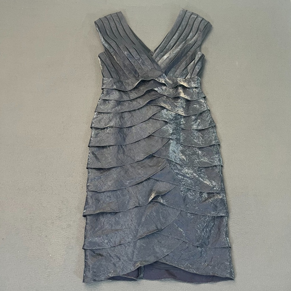 Adrianna Papell‎ Womens 8 Sheath Dress Slate Grey Tiered Ruffle Shimmer Metallic